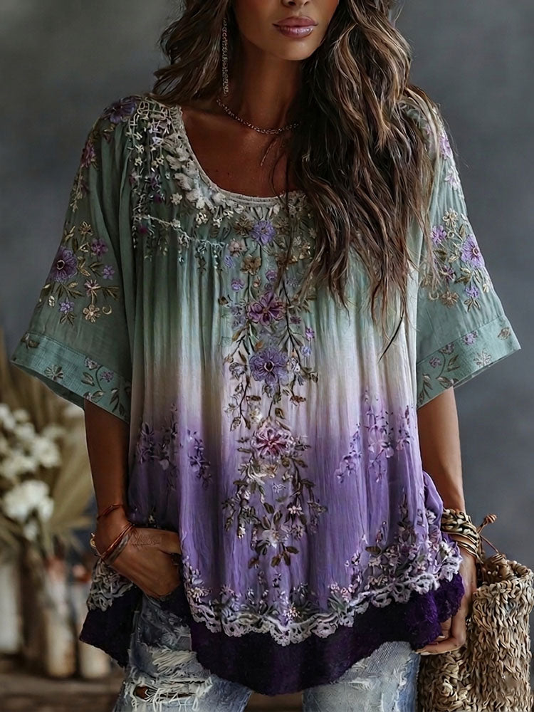 Classy Gradient Purple Lavender And Floral Art Linen Short Sleeve Shirt