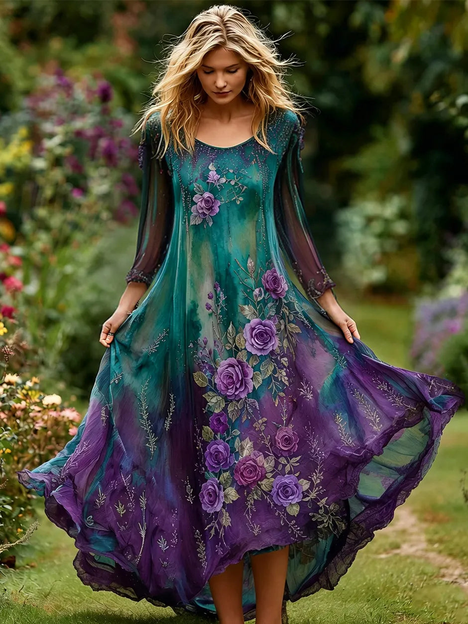 Women's Vintage Floral Embroidery Gradient Pattern Round Neck Long Sleeve Dress