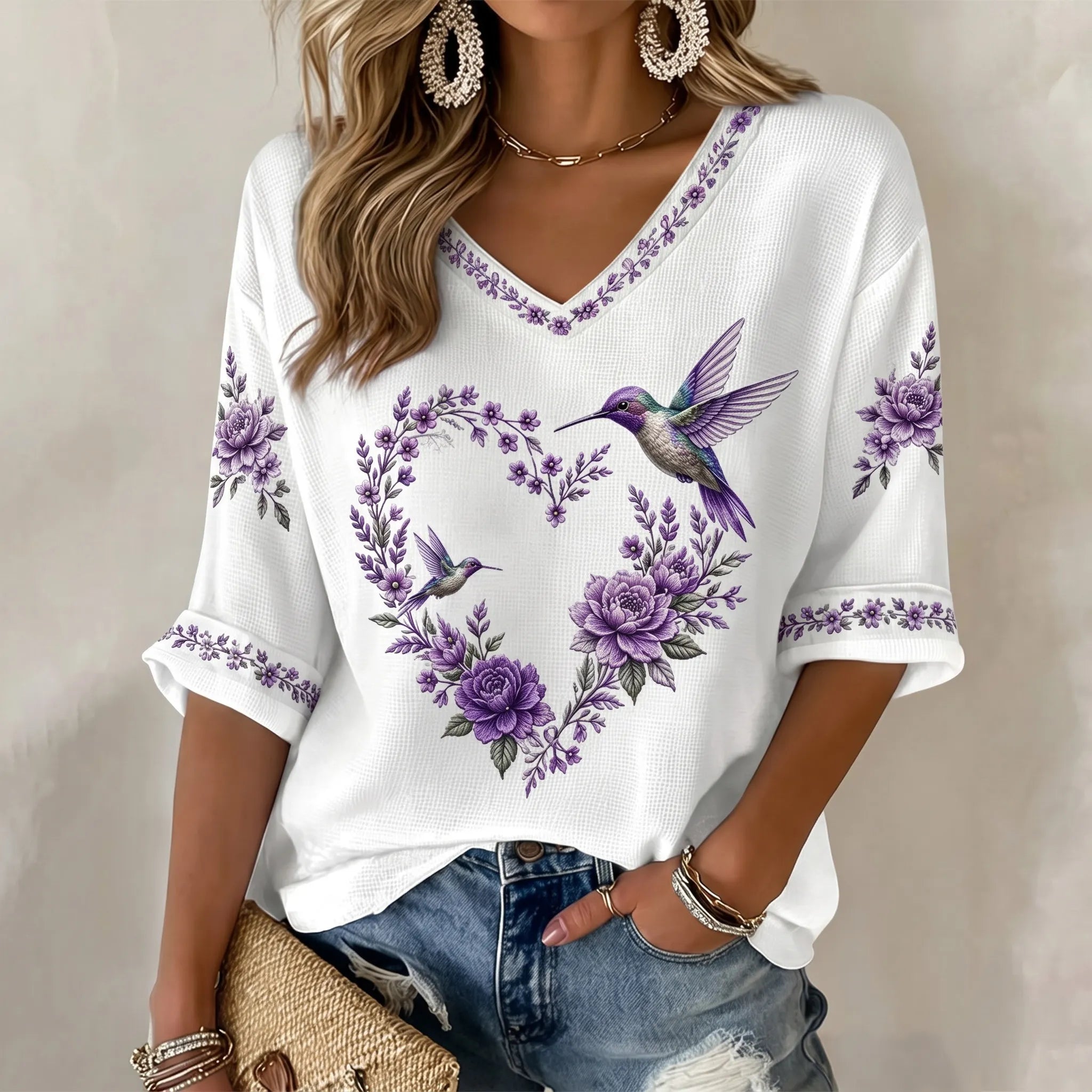 Women's Vintage Floral & Hummingbird Art Print V-neck T-shirt