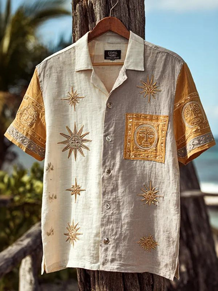 Men's Retro Hippie Color Block Sun And Moon Print Shirt