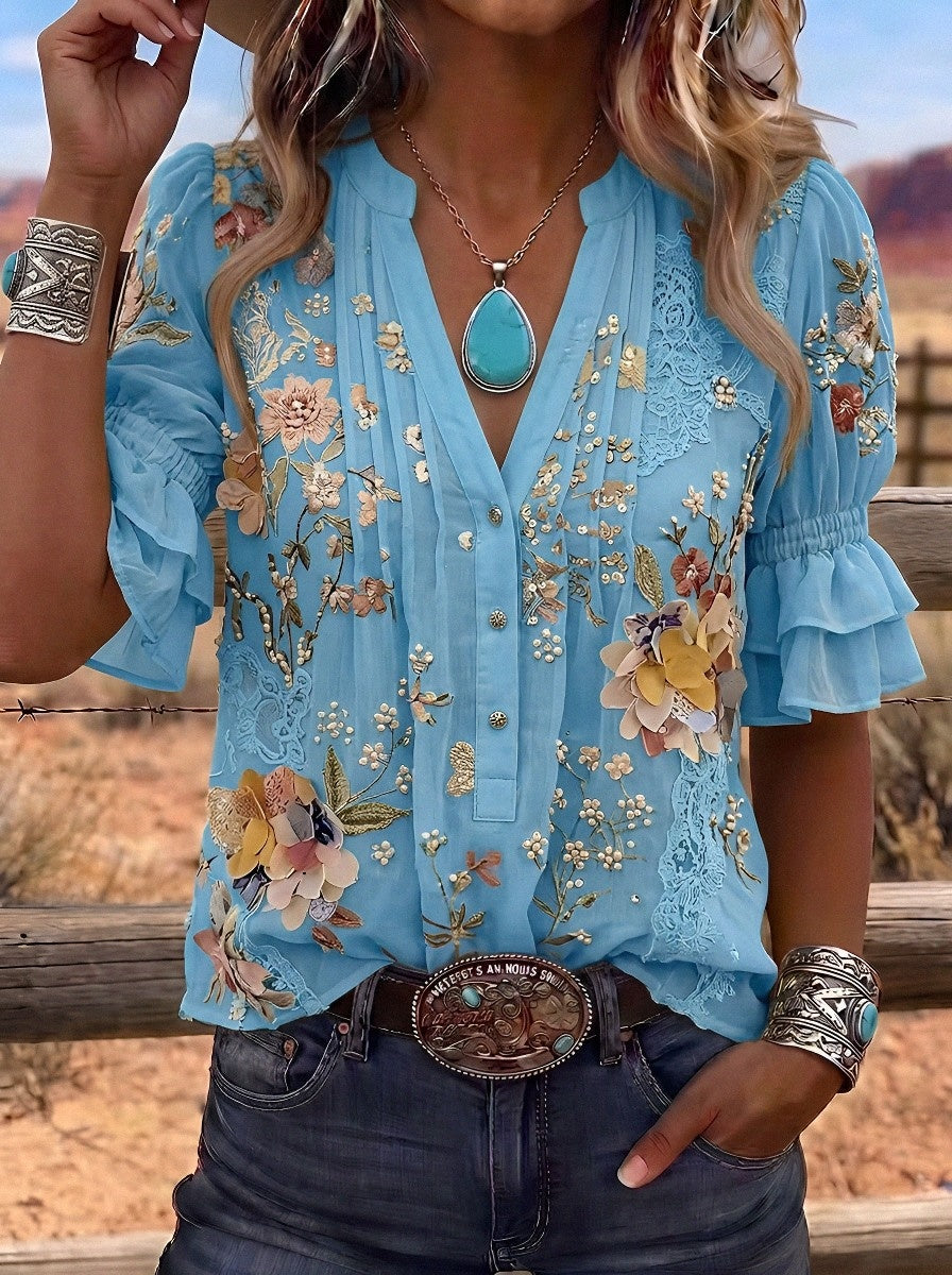 Women's Western Vintage Floral Embroidered Printed Top
