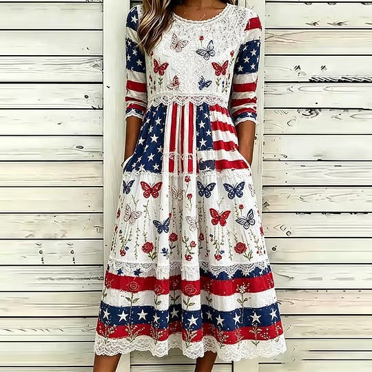 Women's Vintage Independence Day Anniversary Flag And Butterfly Art Casual Dress