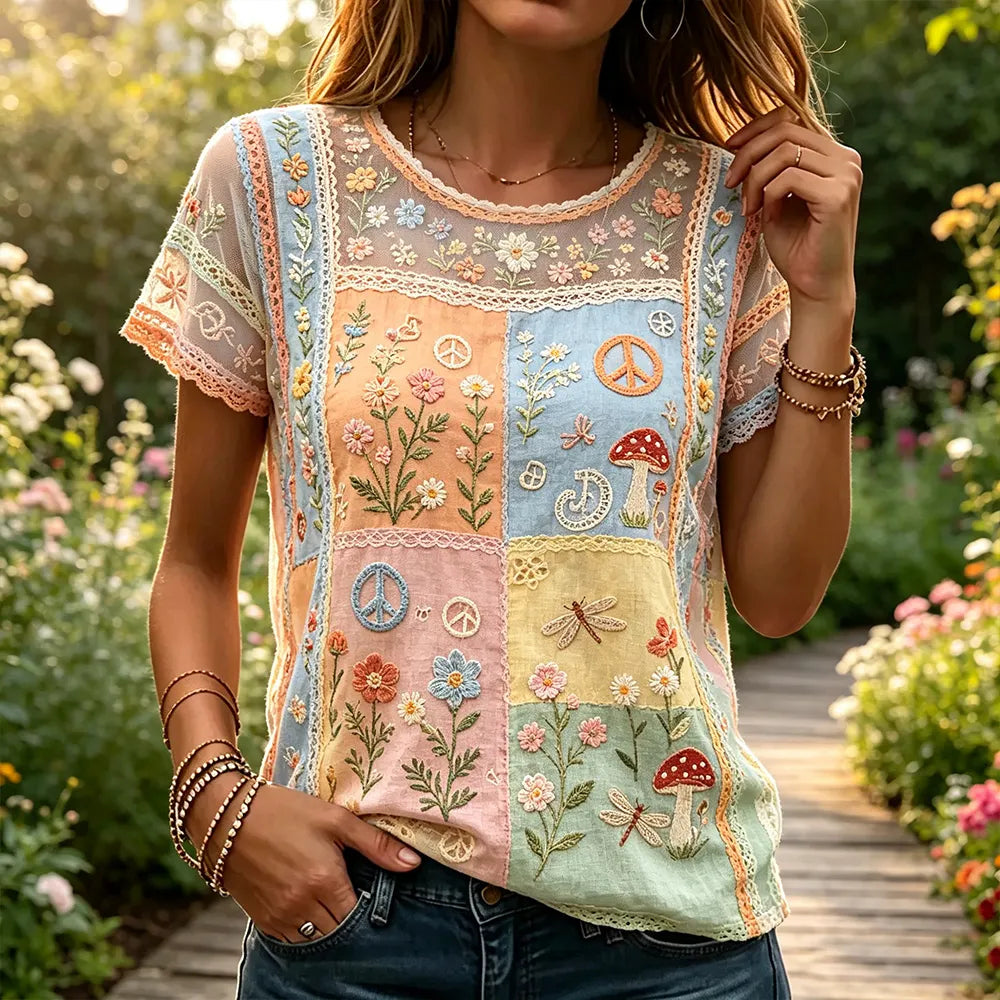 Vintage Floral And Dragonfly Art Patchwork Lightweight Cotton And Linen Short-sleeved Top