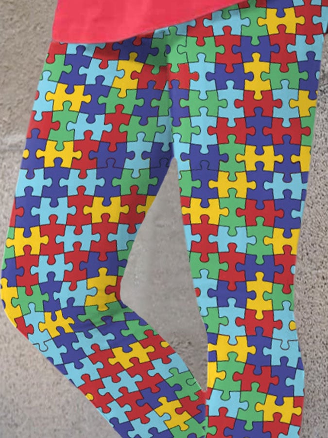 Autism Awareness Puzzle Pattern Print Leggings