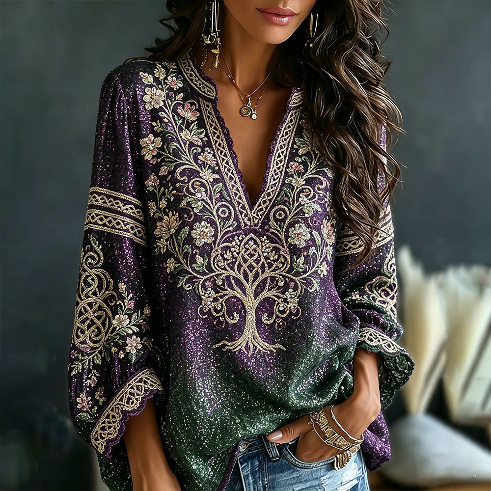 Vintage Viking Tree Of Life And Celtic Knot Color Block Sequin Washed Casual V-neck Top