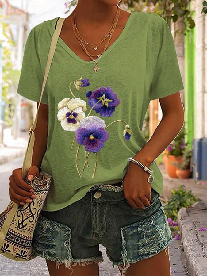 Women's Alzheimer's Purple Floral V-Neck T-Shirt