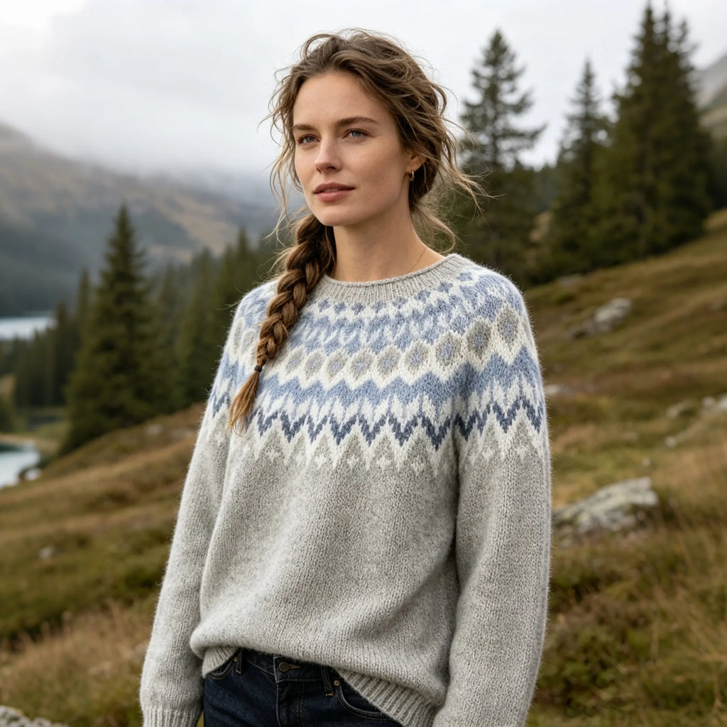 Women's Vintage Forest Motif Print Knitted Comfort Round Neck Sweater