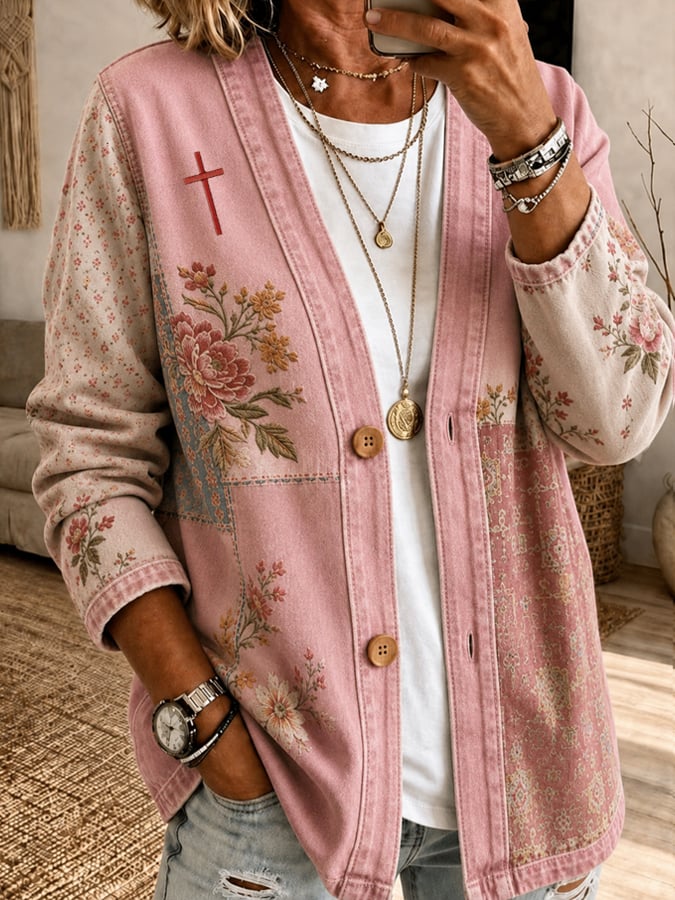 Women's Color-Block Cardigan with "Faith" Cross Print