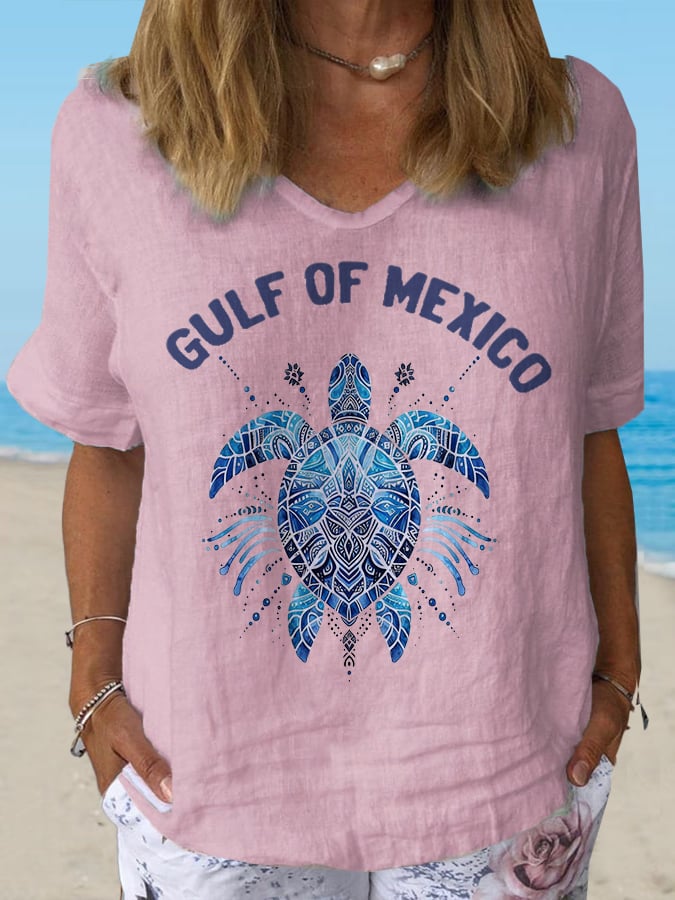 Women's Gulf Of Mexico Print Casual V-Neck Cotton and Linen Top