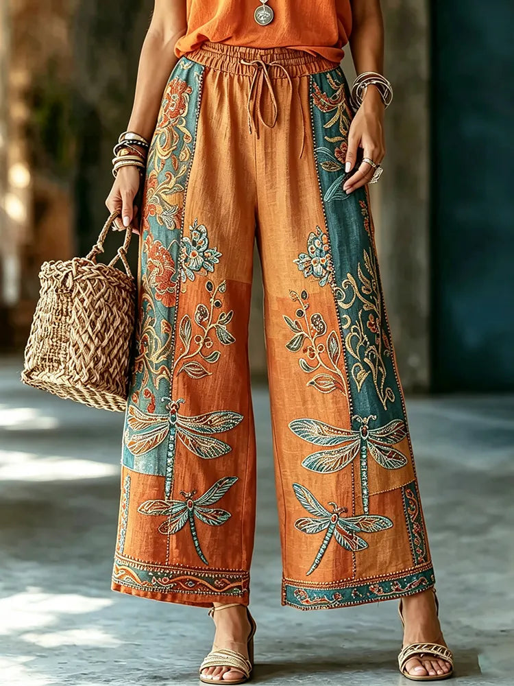 Women's Vintage Hippie Floral And Dragonfly In Patchwork Pattern Art Embroidered Linen Blend Pants