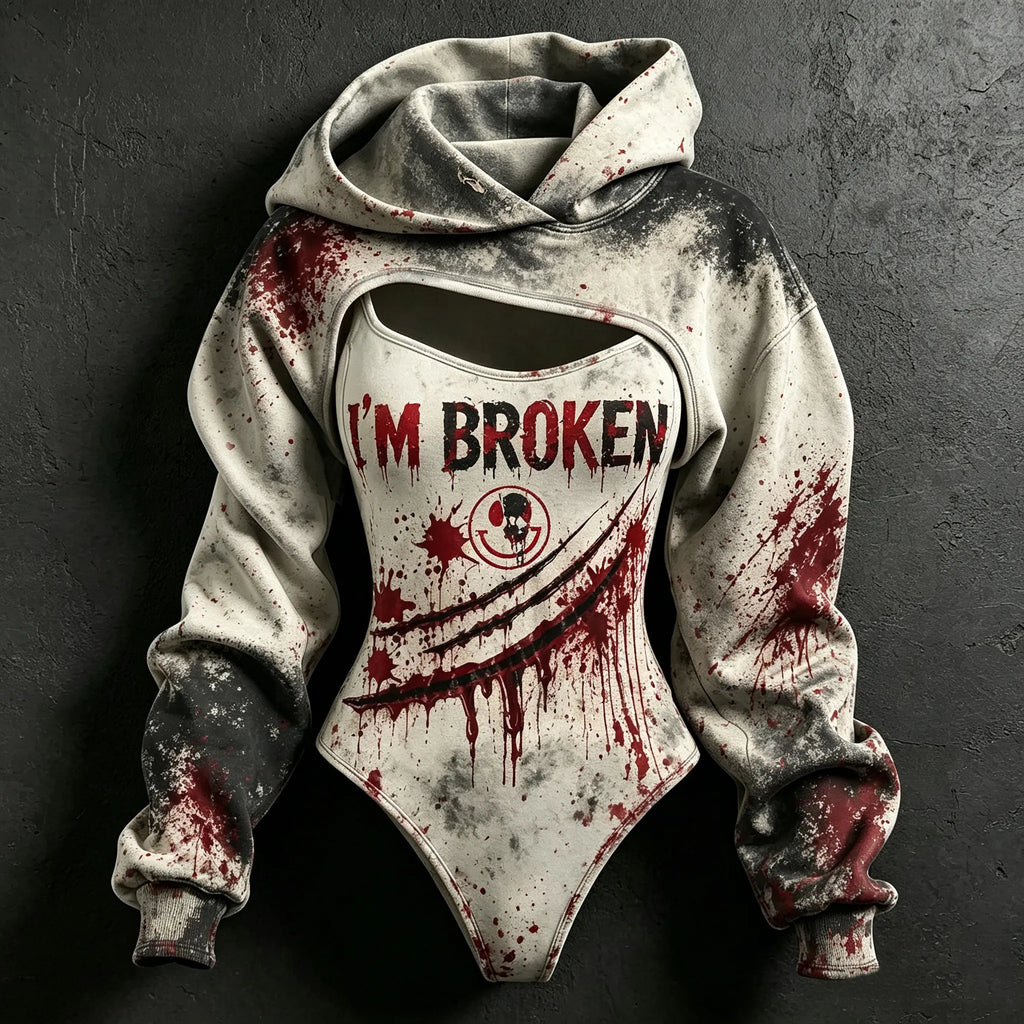 Women's Retro Halloween "i'm Broken" Bloodstain Print Sweatshirt Two-piece Set