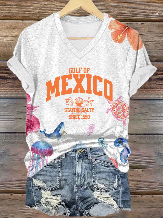Women's Gulf Of Mexico Print V Neck T-Shirt