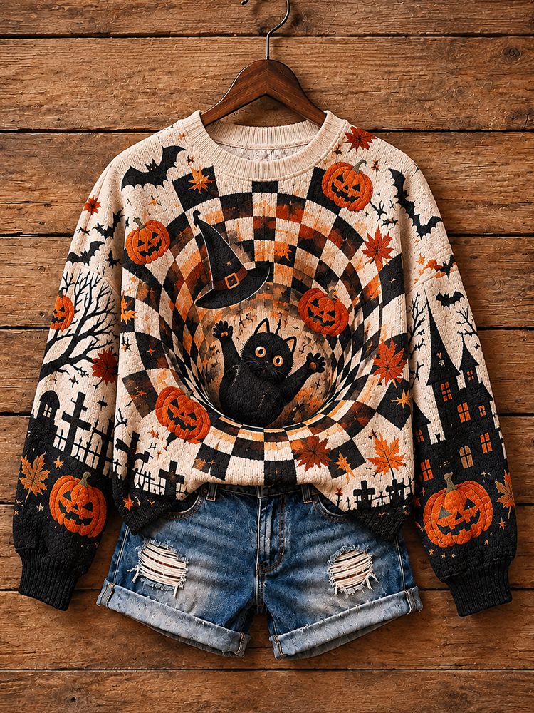 Women's Halloween Optical Illusion Black Cat Pumpkin Crewneck Sweater