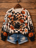Women's Halloween Optical Illusion Black Cat Pumpkin Crewneck Sweater