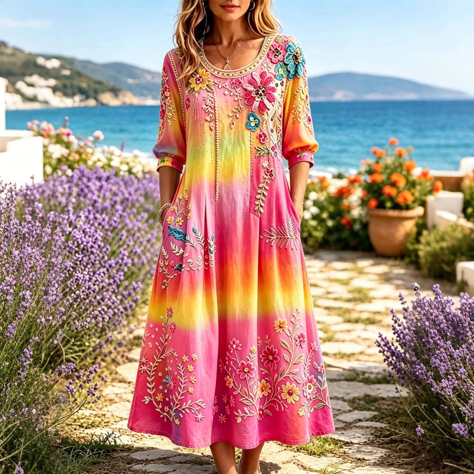 Women's Retro Floral Tie-dye Color-blocked Vacation Dress