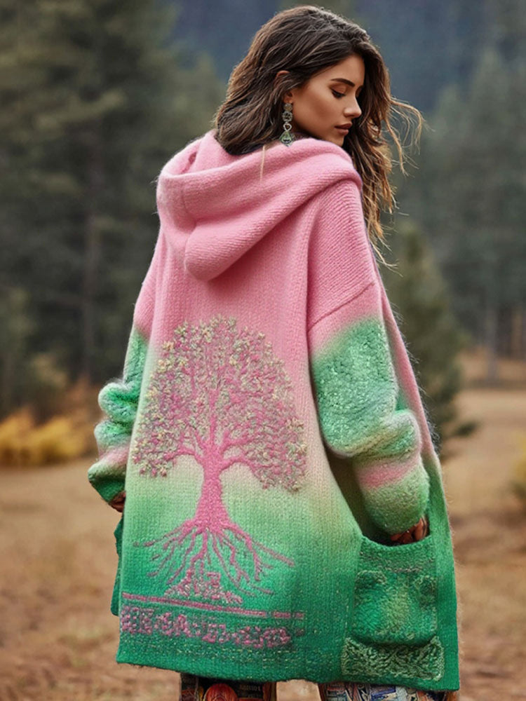 Women's Viking Floral And Life Of Tree Art Knitted Cozy Hooded Cardigan