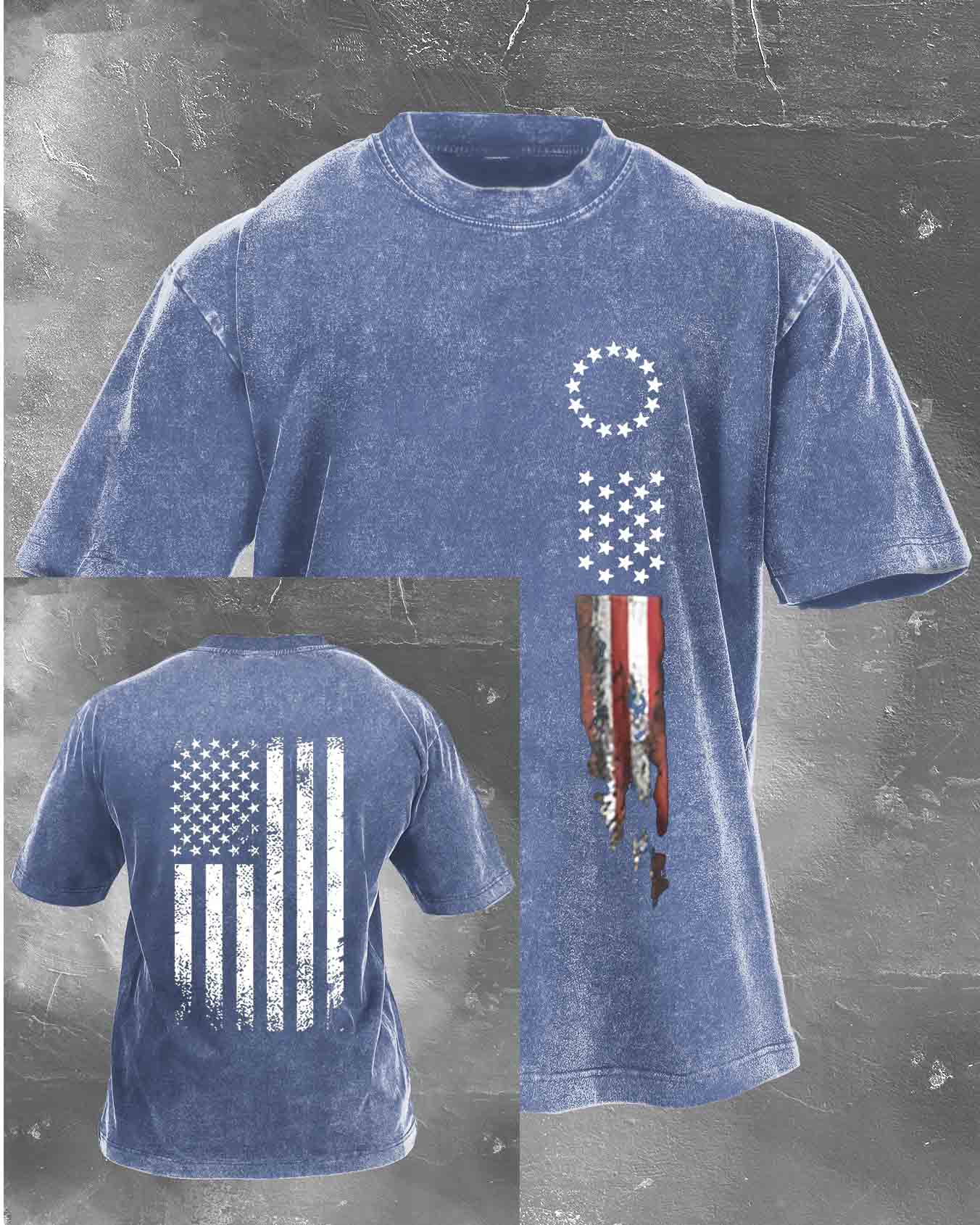 Amierica Flag Pattern Washed Distressed Crew Neck 100% Cototon T-Shirt