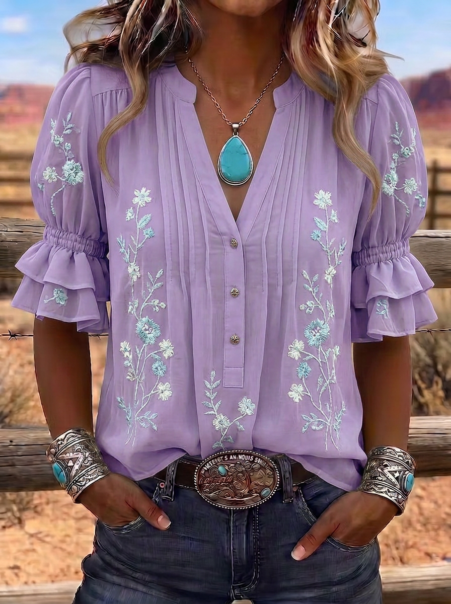 Women's Western Vintage Floral Embroidered Ruffle Sleeve Top