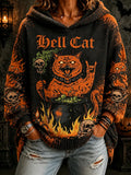 Women's Halloween Pullover Hoodie - Hell Cat, Witch Cauldron, Skulls & Fire Print