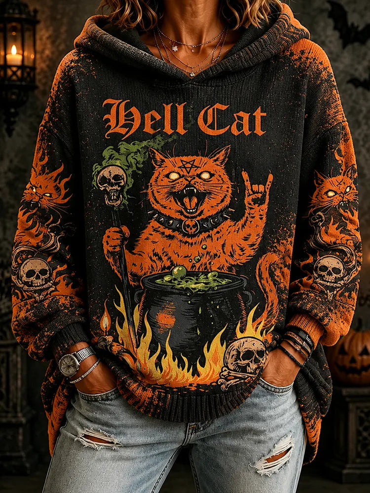 Women's Halloween Pullover Hoodie - Hell Cat, Witch Cauldron, Skulls & Fire Print
