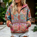 Women's Vintage Hippie Floral Embroidery Art Comfy Zipper Hoodie
