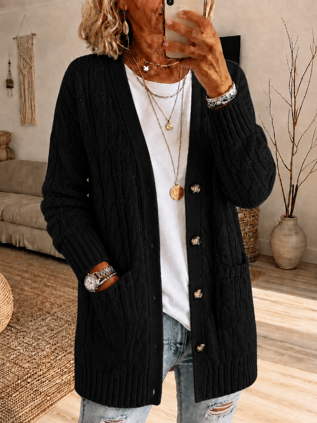 Women'S Pink Multi-Color Casual Cardigan Knitted Sweater Mid Length Top
