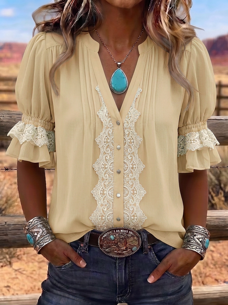 Women's Western Vintage Lace Trim Puff Sleeve Blouse
