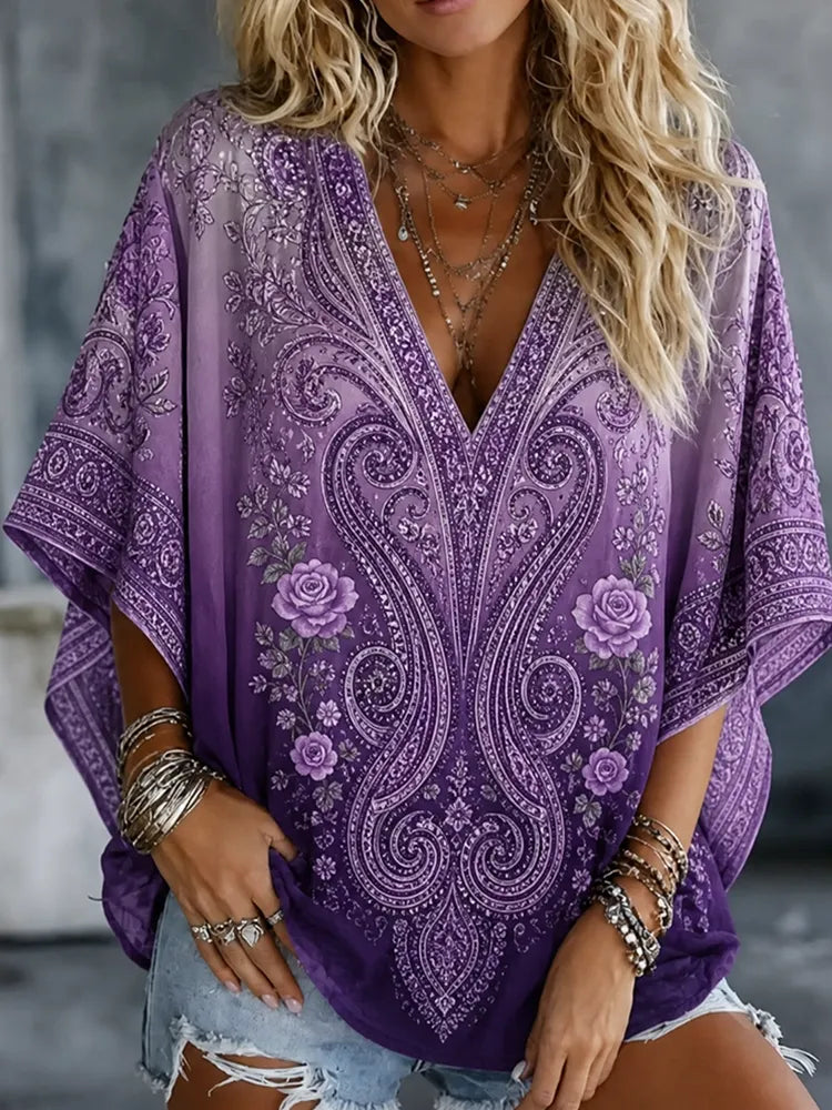 Women's Bohemian V-neck Short-sleeved Shirt With Purple Gradient Rose Floral Print