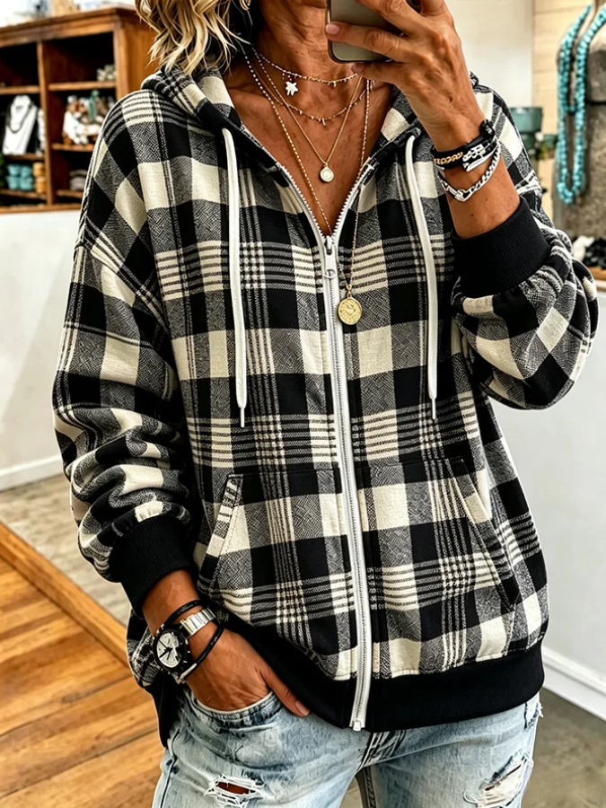 Women Pink Art Plaid Long Sleeve Hoodie Casual  Jacket Outerwear