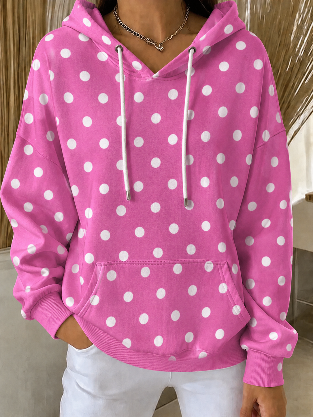 Women'S Casual Breast Cancer Awareness Dot Art Print Hooded Sweatshirt