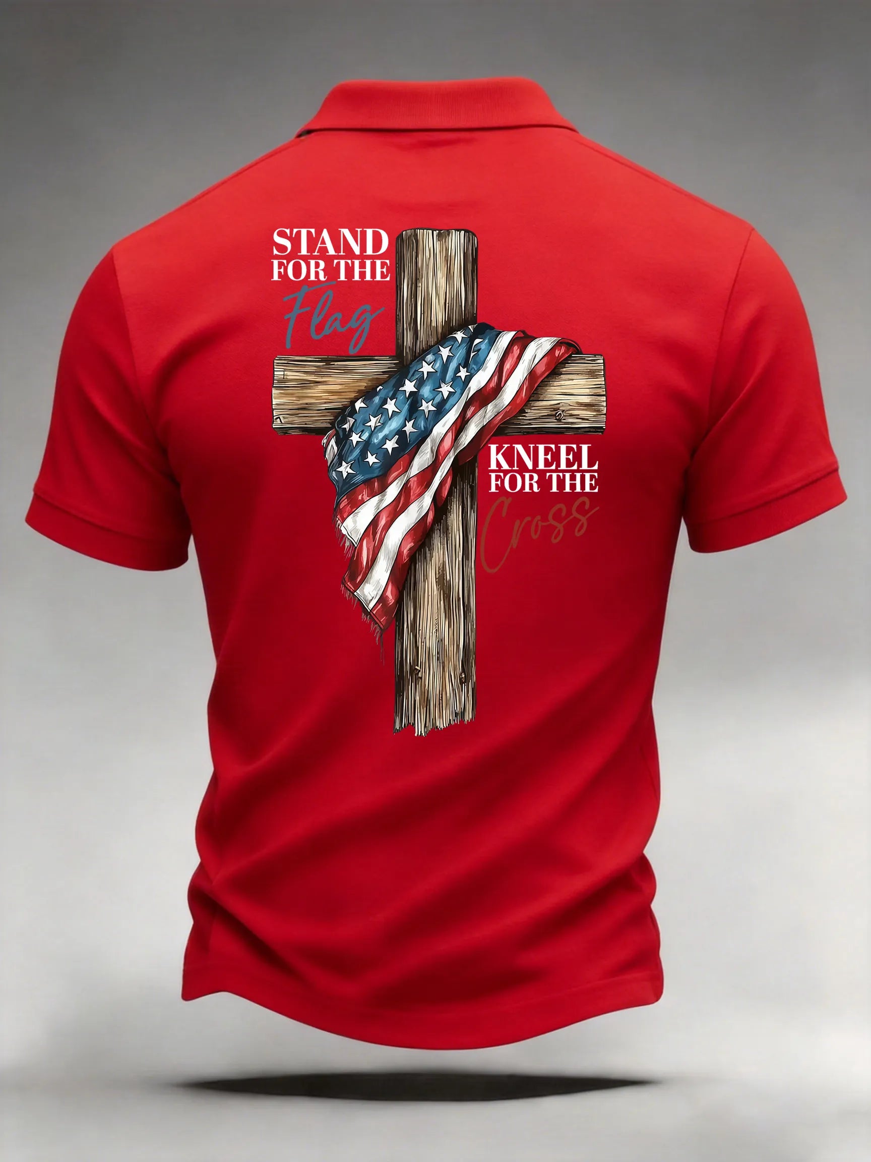 Men's Casual Stand For The Flag Kneel For The Cross Printed Polo Shirt