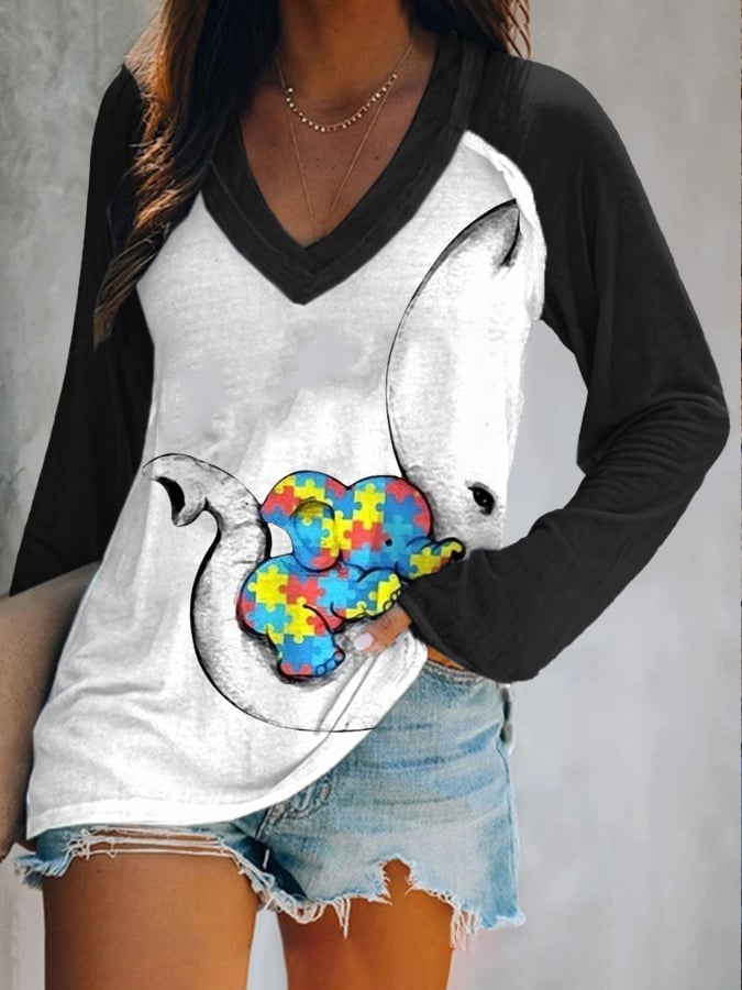 Women'S Autism Elephant And Baby Elephant Print T-Shirt