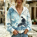 Women's Retro Landscape Floral Black Cat Print Zip-up Hoodie