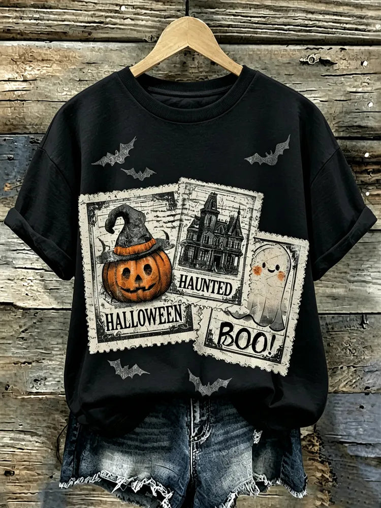 Women's Gothic Halloween Ghost Pumpkin Castle Stamp Pattern T-shirt