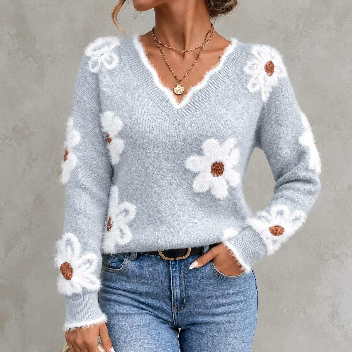 Elegant Floral Jacquard Knit V-neck Sweater