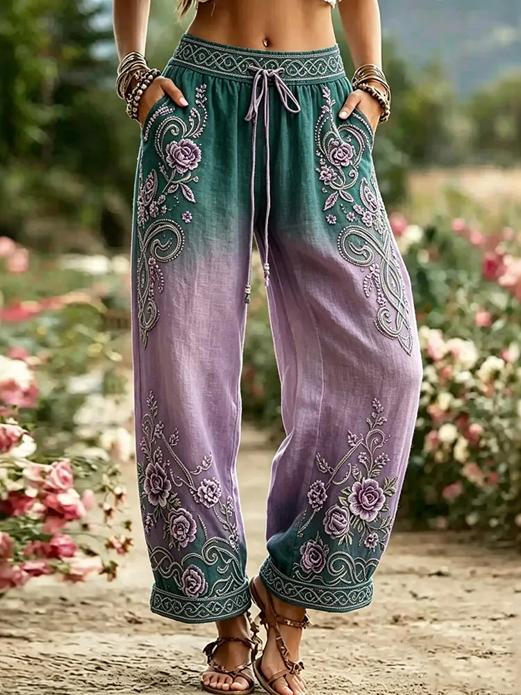 Women's Vintage Boho Floral Celtic Knot Gradient Art Print Flowy Linen Blend Casual Pants