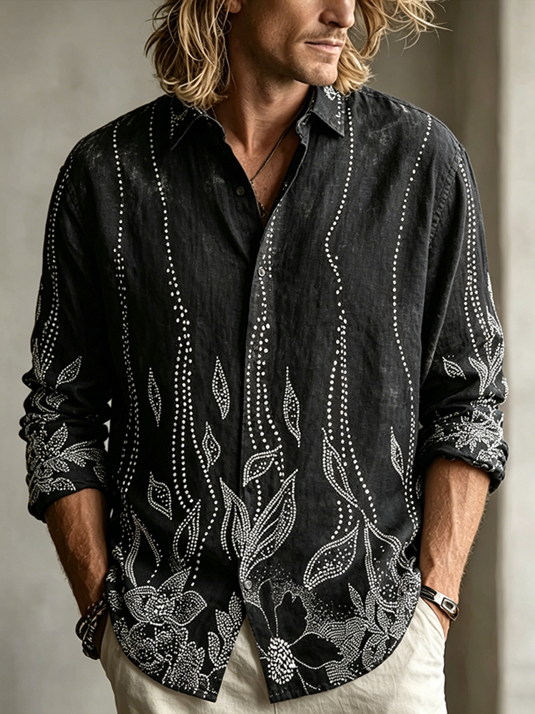 Men's Retro Plant Pattern Design Casual Linen Shirt