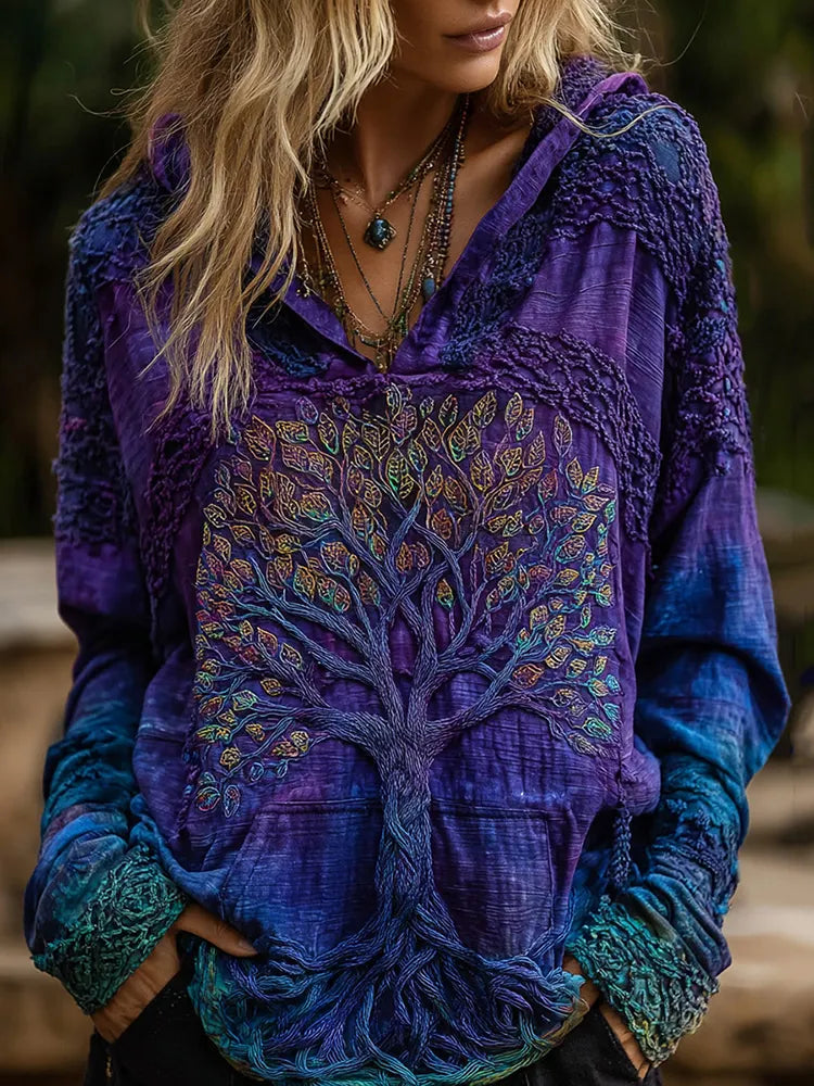 Women's Classic Viking Tree Of Life With Celtic Knot Art Gradient Comfort Hooded Linen Shirt