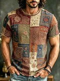Men's Vintage Floral And Traditional Pattern Patchwork Cotton Linen Crew Neck Top