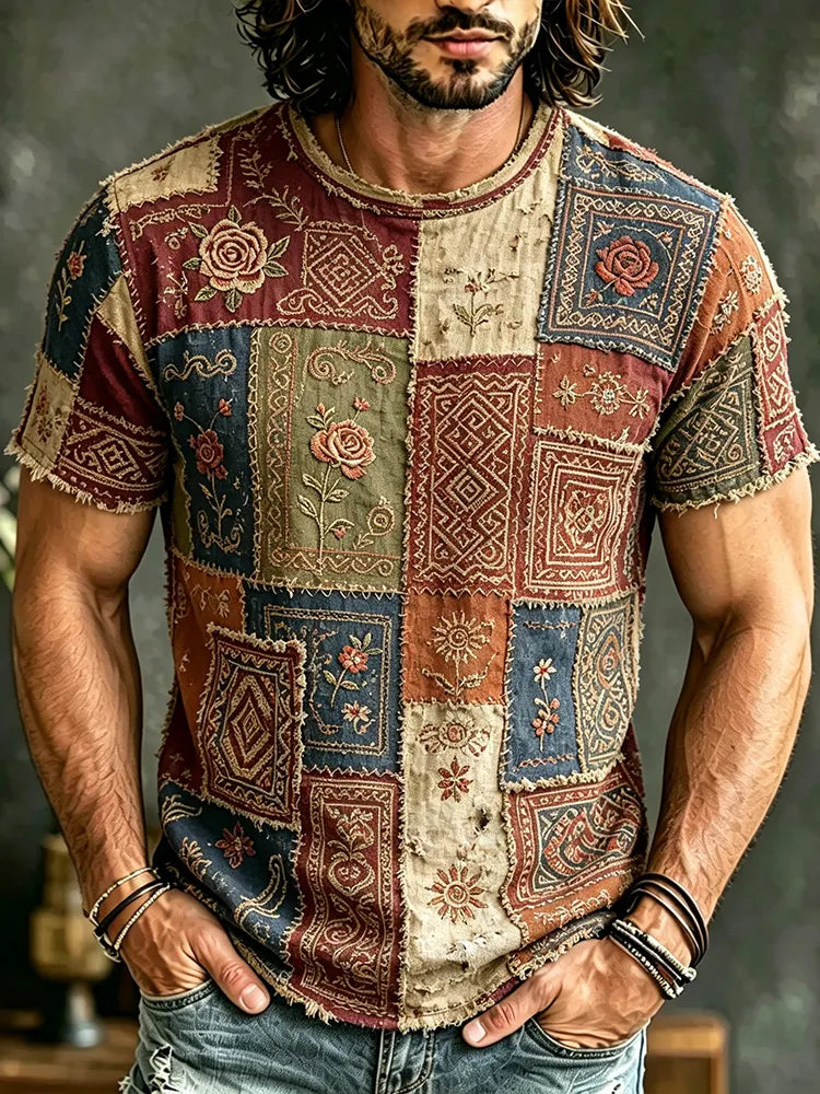 Men's Vintage Floral And Traditional Pattern Patchwork Cotton Linen Crew Neck Top