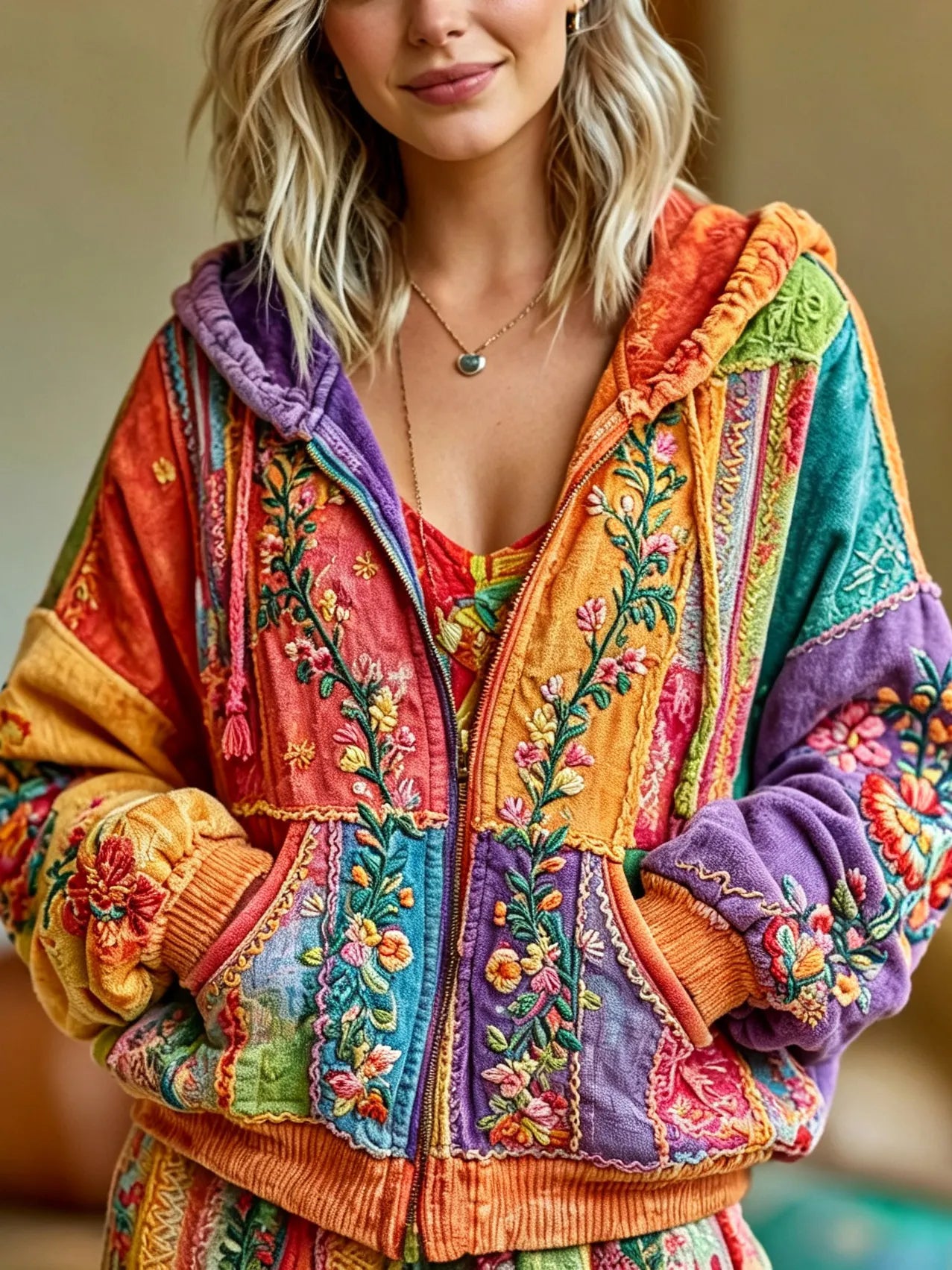 Women's Retro Hippie Floral Art Embroidery Color Block Cardigan Hoodie