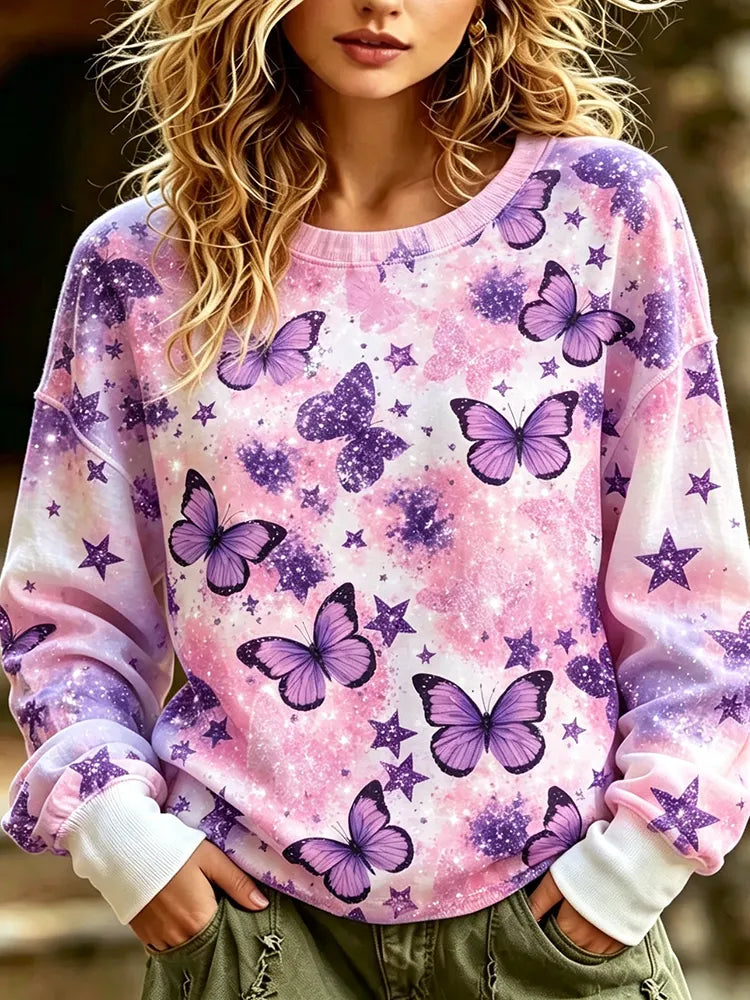 Women's Graphic Crewneck Sweatshirt - Purple Butterflies, Glowing Stars And Galaxy Tie-dye Print Pullover