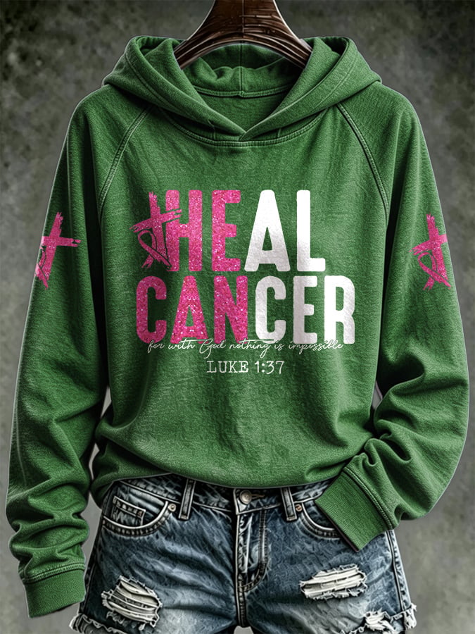 Retro Breast Cancer Awareness Heal Cancer: For With God Nothing Is Impossible Luke 1:37 Print Hoodie