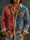 Men's Hippie Distressed Sun Moon And Stars Art Color-blocking Cotton Linen Shirt