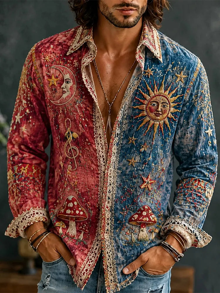 Men's Hippie Distressed Sun Moon And Stars Art Color-blocking Cotton Linen Shirt