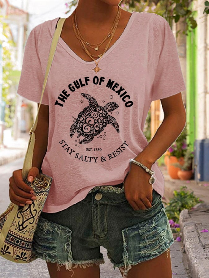 Women's The Gulf Of Mexico Print V Neck Casual T-Shirt