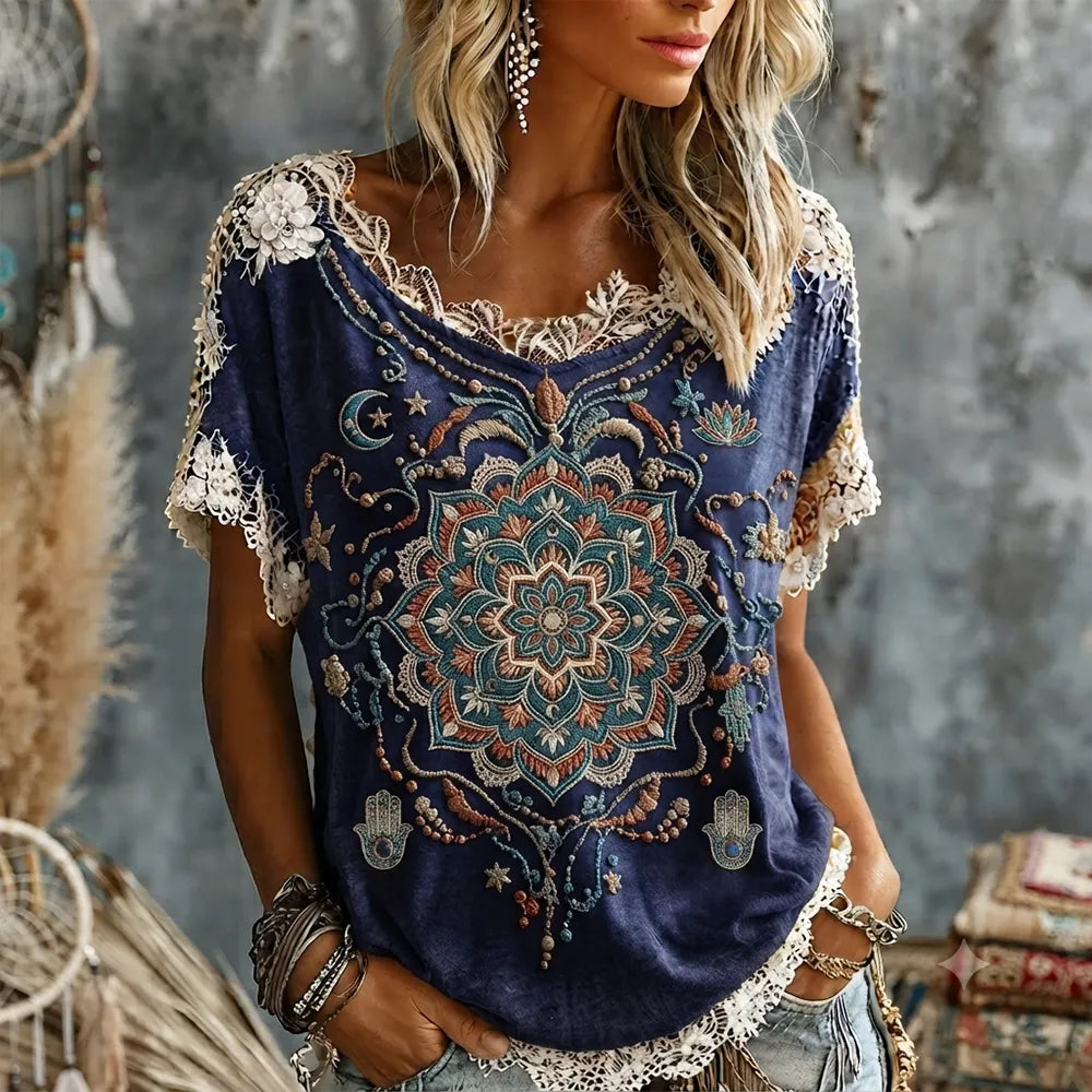 Women's Boho Mandala & Hamsa Hand Print Lace Trim Short-sleeve T-shirt