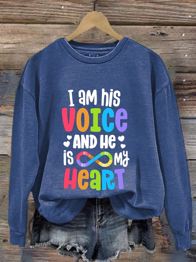 Retro Autism Awareness I Am His Voice And He Is My Heart Print Sweatshirt