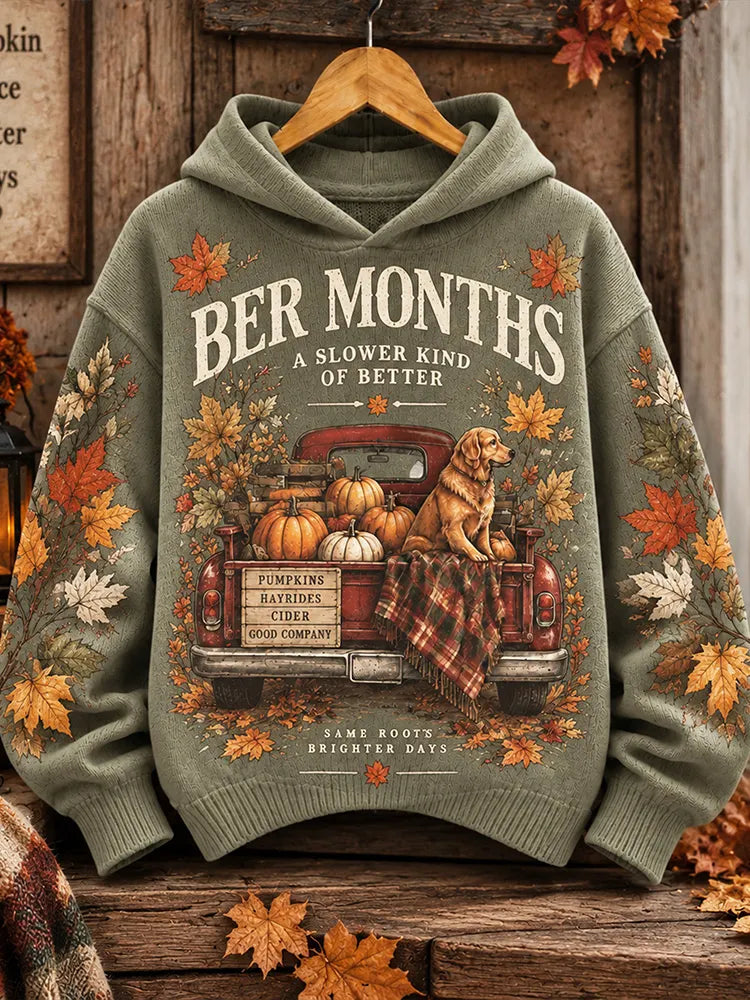 Women's Vintage Autumn Truck-print Casual Hooded Sweater