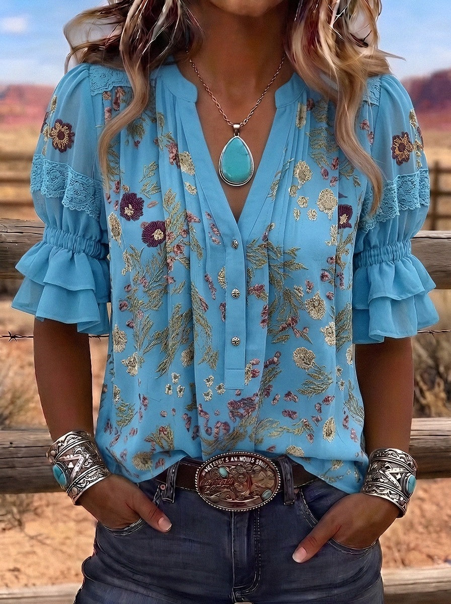 Women's Western Vintage Floral Lace Trim Printed Blouse